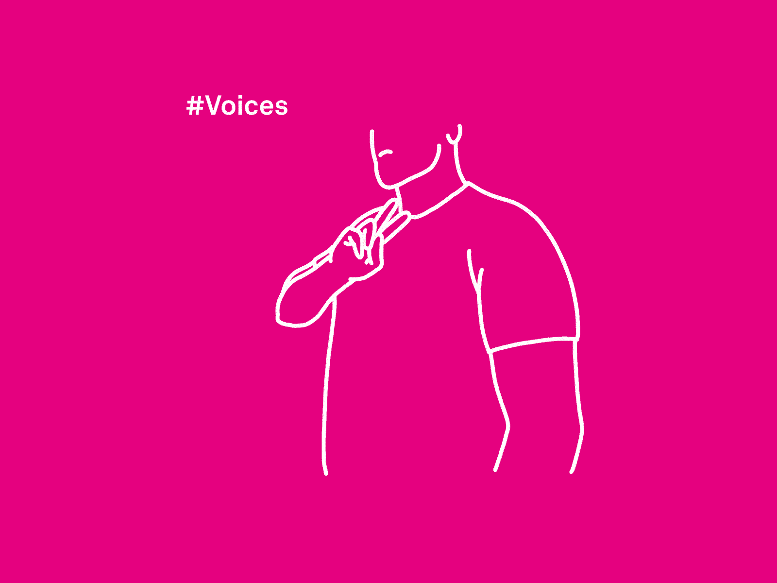 Animated BSL sign for Voices using white line drawing on bright pink background.